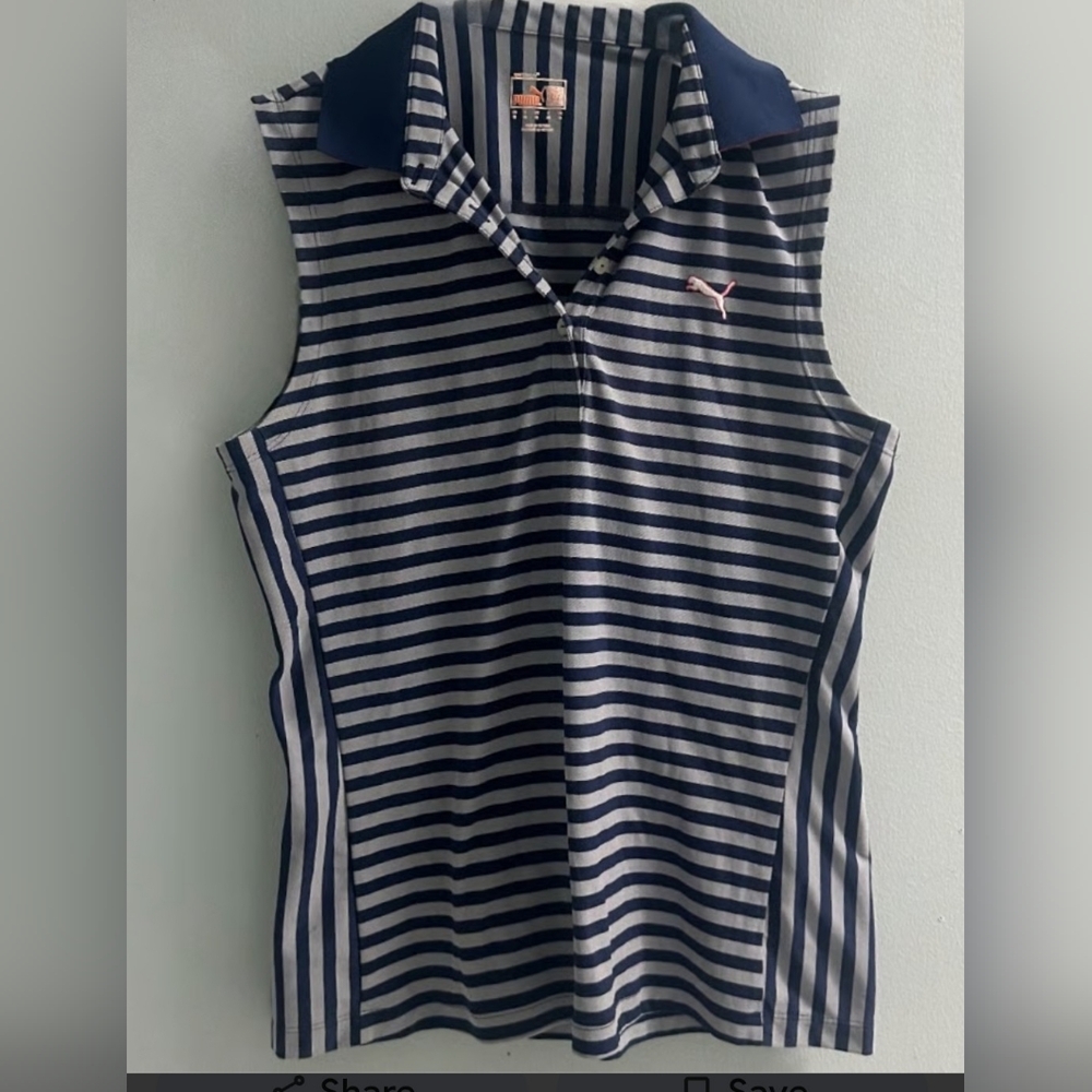 Puma Navy & Gray Striped Sleeveless Polo with Pink Logo
